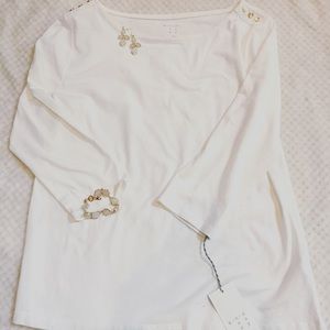 White 3/4 sleeve top w/ gold tone shoulder buttons